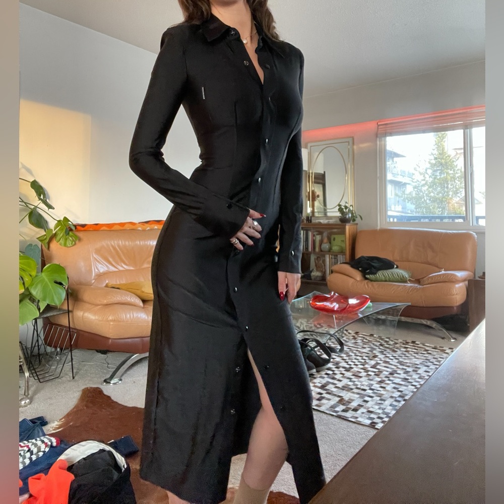 NEW ALEXANDER WANG SHINY BLACK NYLON LONG SLEEVE BUTTON UP MIDI DRESS